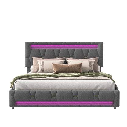 Rosahqnda Polsterbett 140 x 200 cm, Doppelbett mit LED-Beleuchtung, 4 Schubladen und Lattenrost, USB-Ladefunktion, hydraulisches Bett