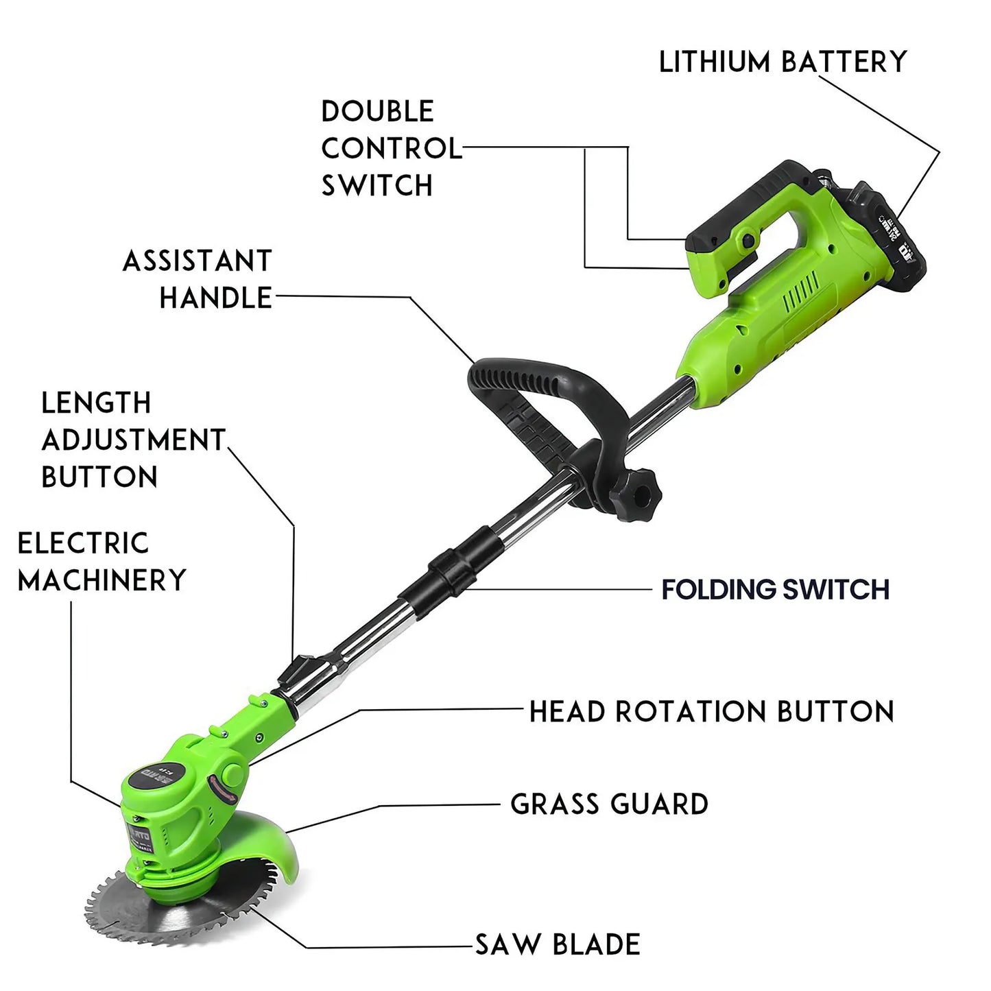 Elektrischer Rasenmäher, faltbar, für Zuhause, Garten, Rasentrimmer, 90 cm, verstellbare Größe, Hand-Backwerkzeug für 21 V-Batterie