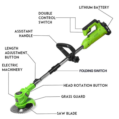 Elektrischer Rasenmäher, faltbar, für Zuhause, Garten, Rasentrimmer, 90 cm, verstellbare Größe, Hand-Backwerkzeug für 21 V-Batterie