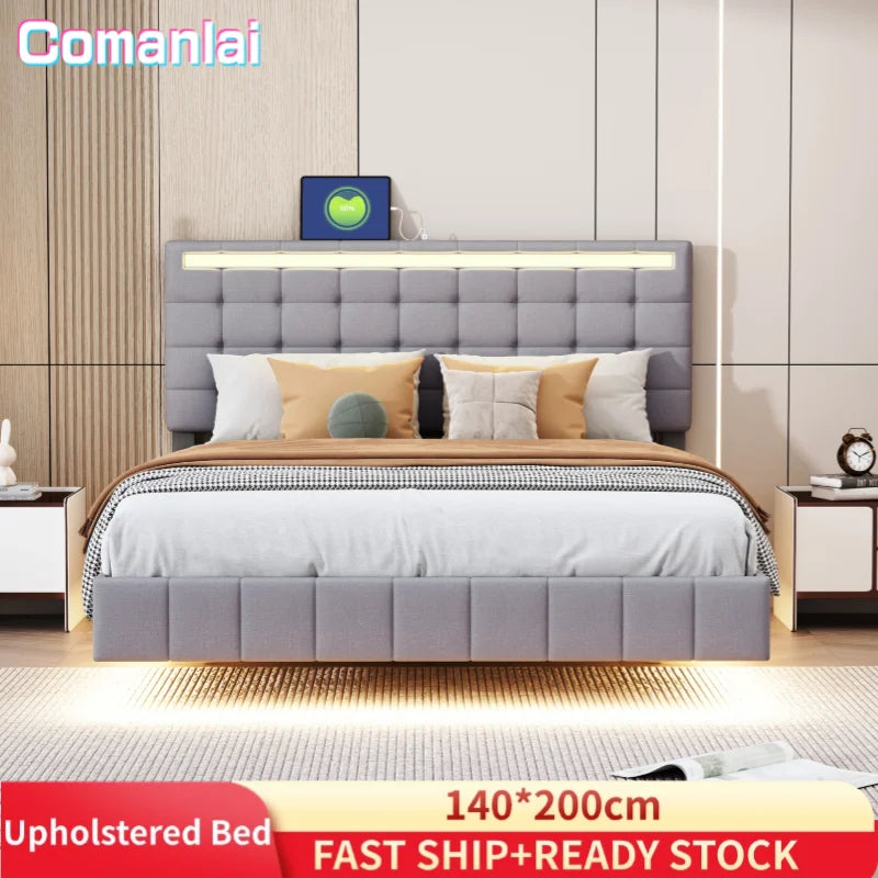 Comanlai Polsterbett 140 x 200 cm, mit LED-Leuchten, mit Lattenrost und Kopfteil, Jugendbett, Doppelbett, ohne Matratze, Grau