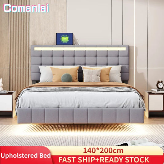 Comanlai Polsterbett 140 x 200 cm, mit LED-Leuchten, mit Lattenrost und Kopfteil, Jugendbett, Doppelbett, ohne Matratze, Grau