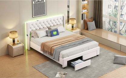 Rosahqnda Modernes Doppelbettgestell 140*190cm Stauraumbett 160-180*200cm mit LED&USB& Schubladen Jugendbett Gästebett Samtbeige