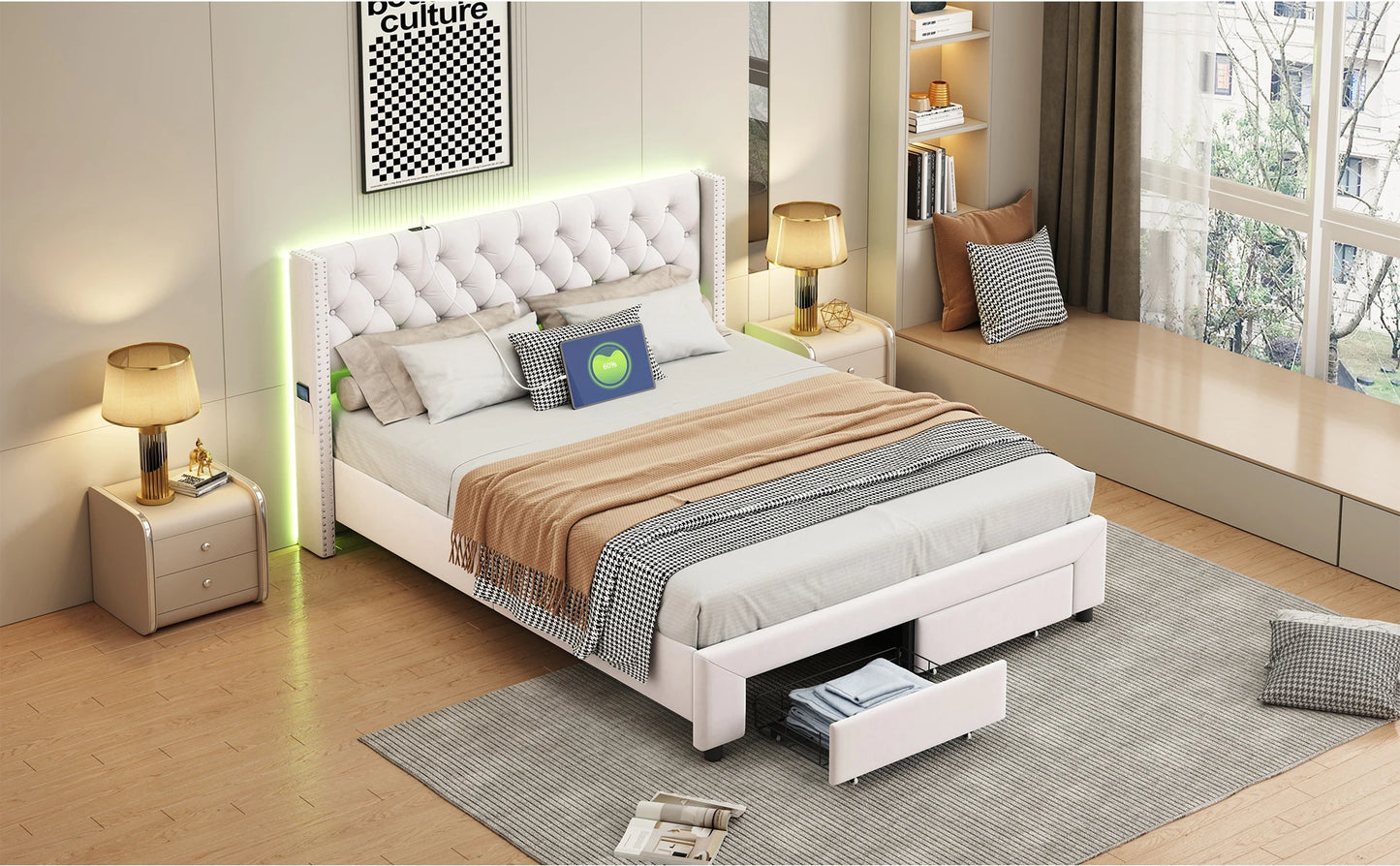 Rosahqnda Modernes Doppelbettgestell, 140 x 190 cm, Bett mit Stauraum, 160–180 x 200 cm, mit LED, USB und 2 Schubladen, Teenagerbett, Gästebett, Samtbeige