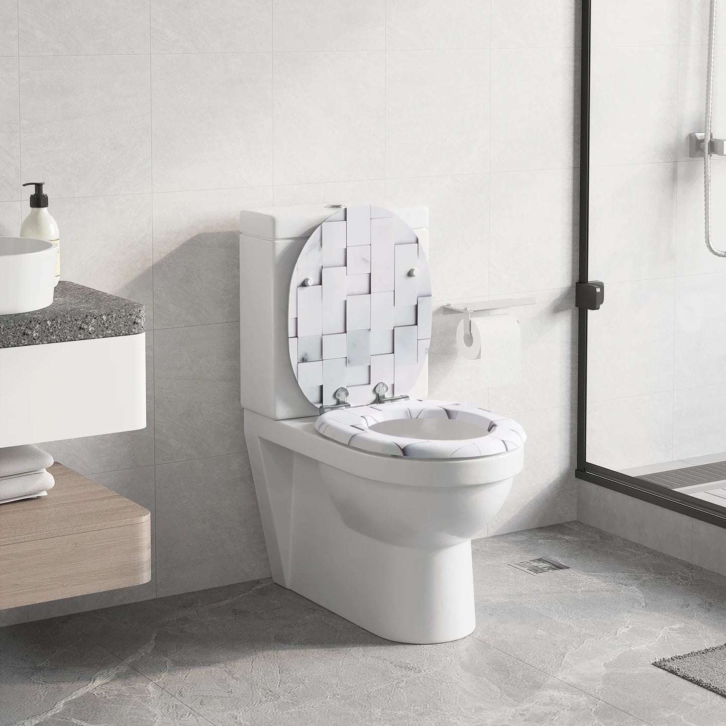 O-förmiger Toilettensitz, verstellbare Scharniere, Toilettendeckel mit Motiv, Soft-Close-Mechanismus für Badezimmer
