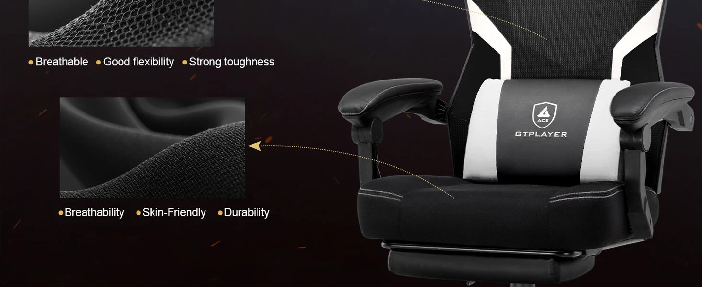 GTPLAYER Gaming Stuhl mit Fußstütze, ergonomischer Bürostuhl mit Netzrückenlehne, Schreibtischstuhl Gaming Sessel aus Stoff