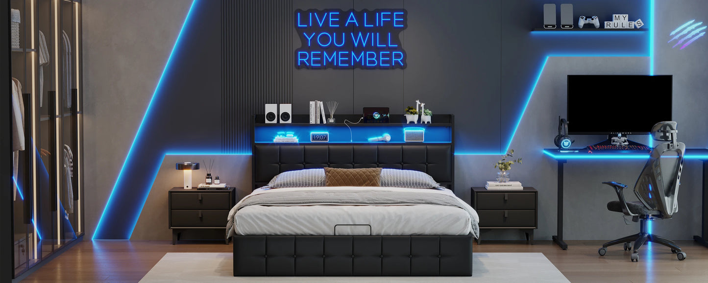 Rosahqnda Polsterbett 140 x 190 cm Doppelbett mit LED und USB, gepolsterter Bettrahmen mit Kopfteil und Lattenrost, Höhe 32 cm