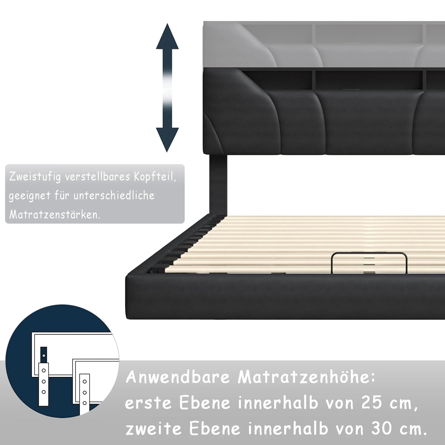 WoodenAura Doppelbett, gepolstertes Bett, Stauraum, Kopfteilbett mit USB-Aufladung, Stauraumbetten 140 x 200 cm, ohne Matratze