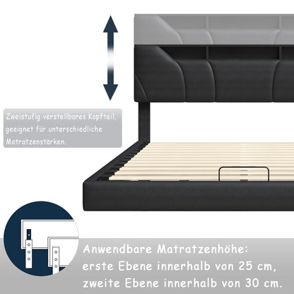 WoodenAura Doppelbett, gepolstertes Bett, Stauraum, Kopfteilbett mit USB-Aufladung, Stauraumbetten 140 x 200 cm, ohne Matratze