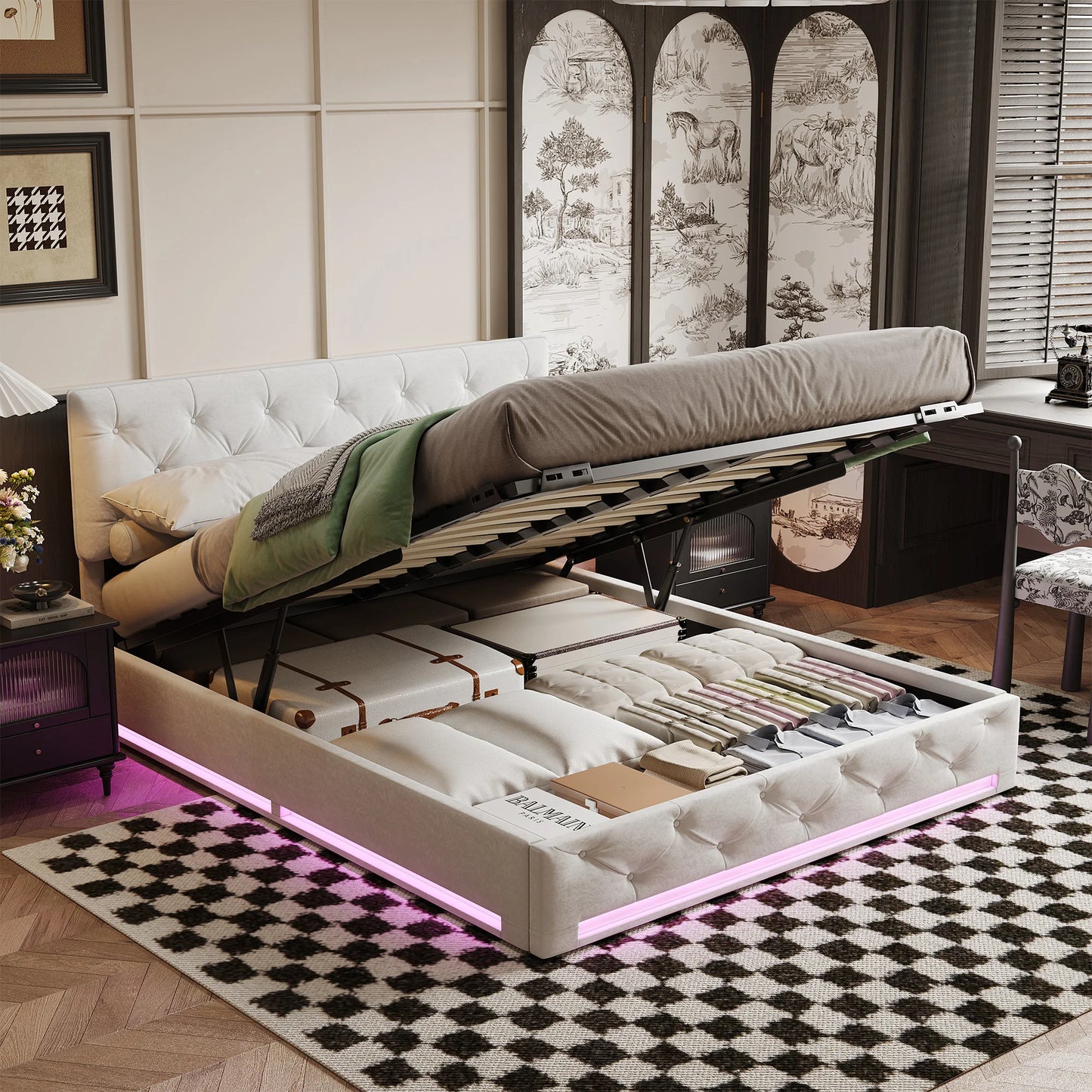 Rosahqnda upholstered bed, double size, with LED lights, storage bed with hydraulic lift box, adjustable headboard height, linen