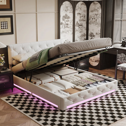 Rosahqnda upholstered bed, double size, with LED lights, storage bed with hydraulic lift box, adjustable headboard height, linen