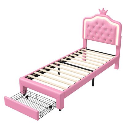 Rosahqnda Kinderbett Kronenform 90/140 x 200 cm, LED und Schubladen, höhenverstellbares Kopfteil, PU, Rosa/Weiß