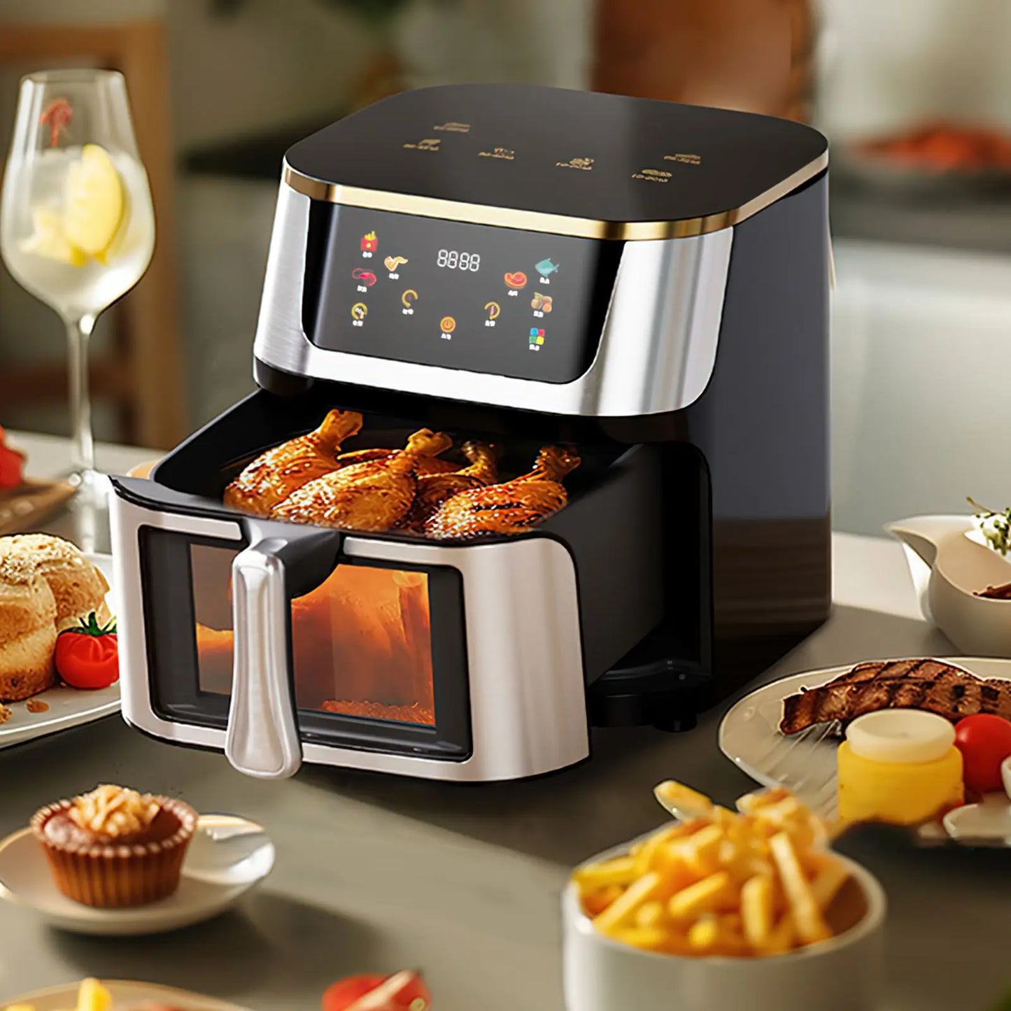 1400W 8L Air Fryer Stainless Steel Visible wide Capacity Electric Oven Touch glass Multifunctional Electric Fryer.