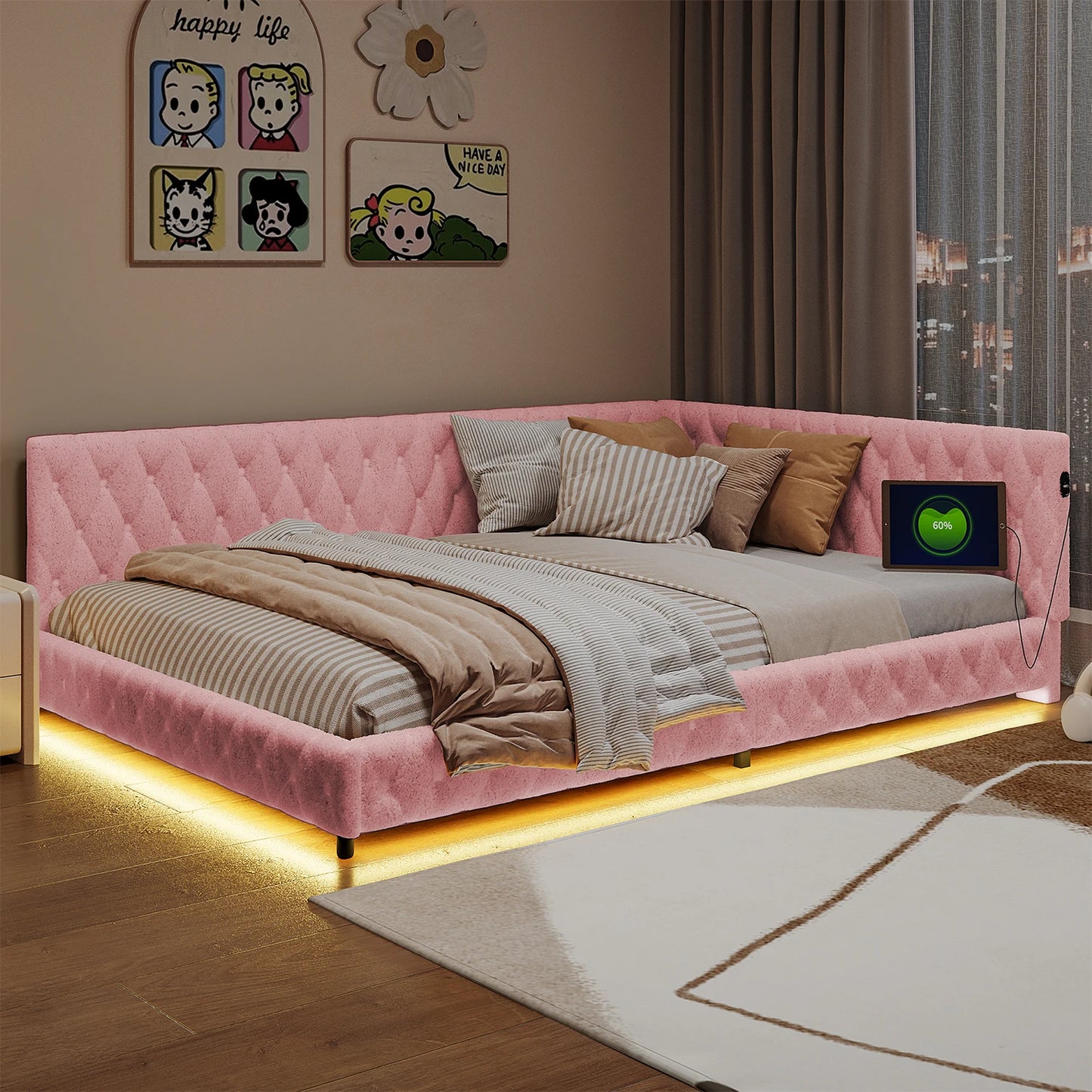 ROSAHQNDA Schlafsofa 140*200cm, modernes LED-Doppelbettgestell mit USB-Ladeanschlüssen, komfortables Plüschmaterial, ohne Matratze