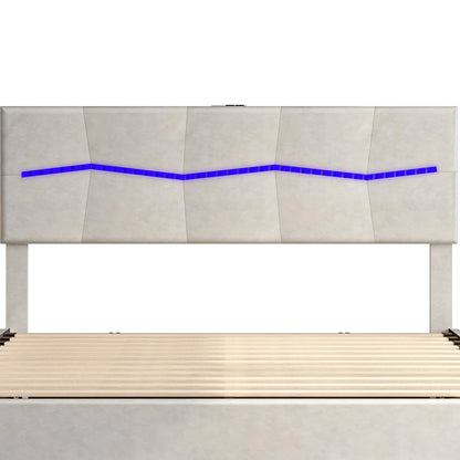 Rosahqnda Doppelbettgestell 140-160-180*200cm Polsterbett mit LED & USB & viel Stauraum, Jugendgästebett, PU, Beige/Schwarz