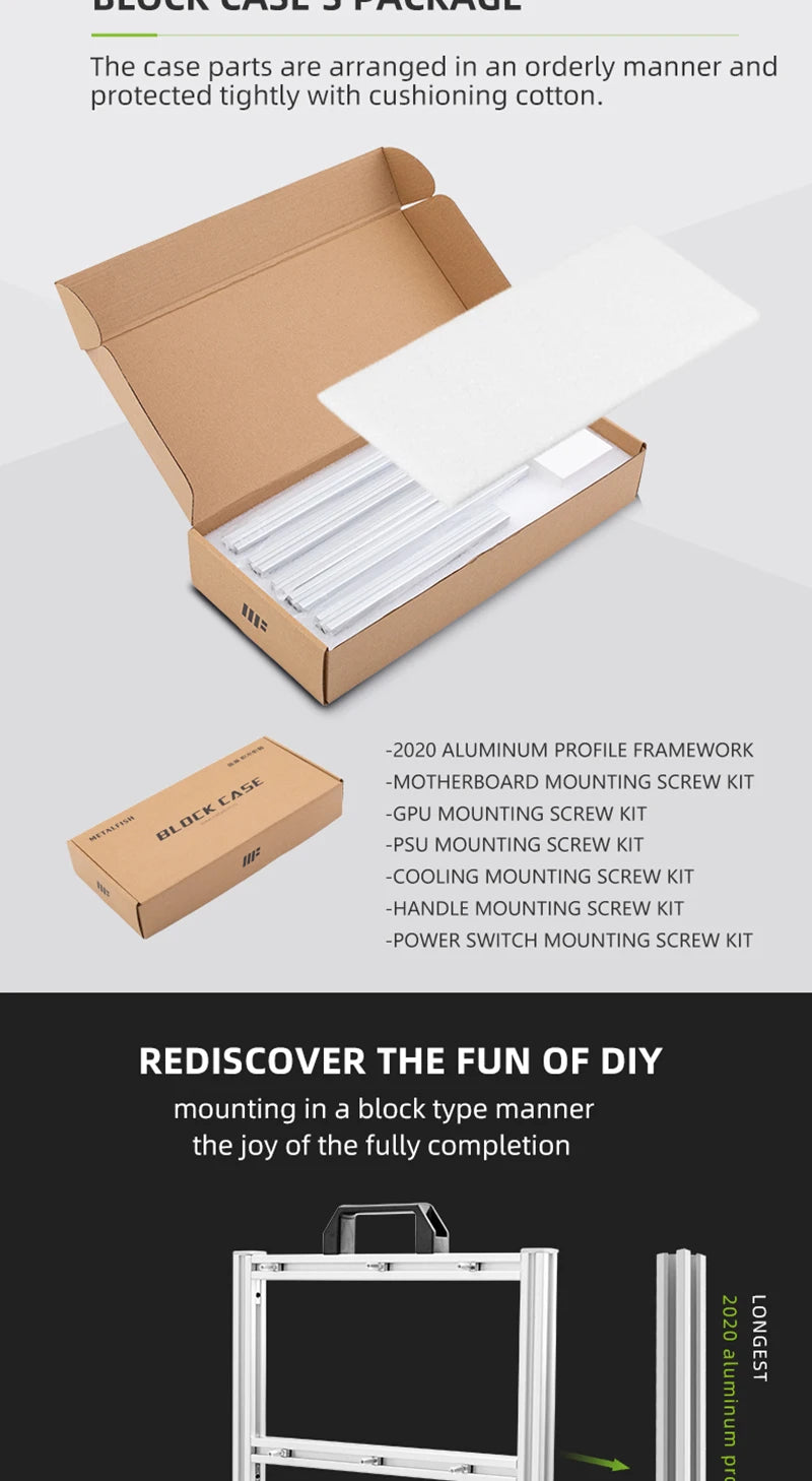 METALFISH BlockCase Aluminum Open Frame Case Support ATX/M-ATX Mainboard GPU Mount Horizontally 240 Water Cooler Gaming Cabinet.