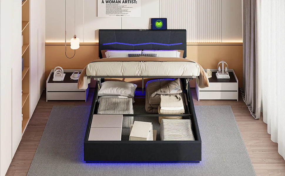 Rosahqnda Doppelbettgestell 140-160-180*200cm Polsterbett mit LED & USB & viel Stauraum, Jugendgästebett, PU, Beige/Schwarz