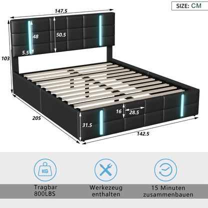 WoodenAura Polsterbett 140 x 200 CM Stauraumbett mit Type-C, LED-Licht, mit Stauraum, Doppelbett, hydraulisches Funktionsbett