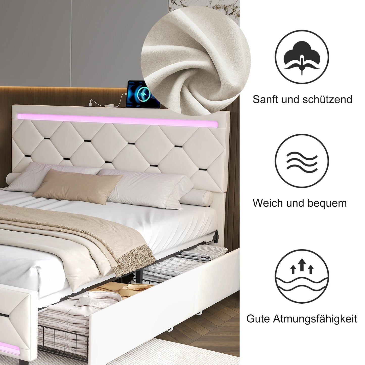 Comanlai 160 x 200 cm Polsterbett, mit USB-Ladefunktion und LED-Kopfteil und 4 Schubladen, ohne Matratze, Samt, gebrochenes Weiß