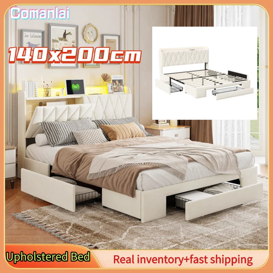 Comanlai 140 x 200 cm Polsterbett, mit 3 Schubladen, USB-Ladefunktion, Doppelbett, ohne Matratze, Samt, Beige