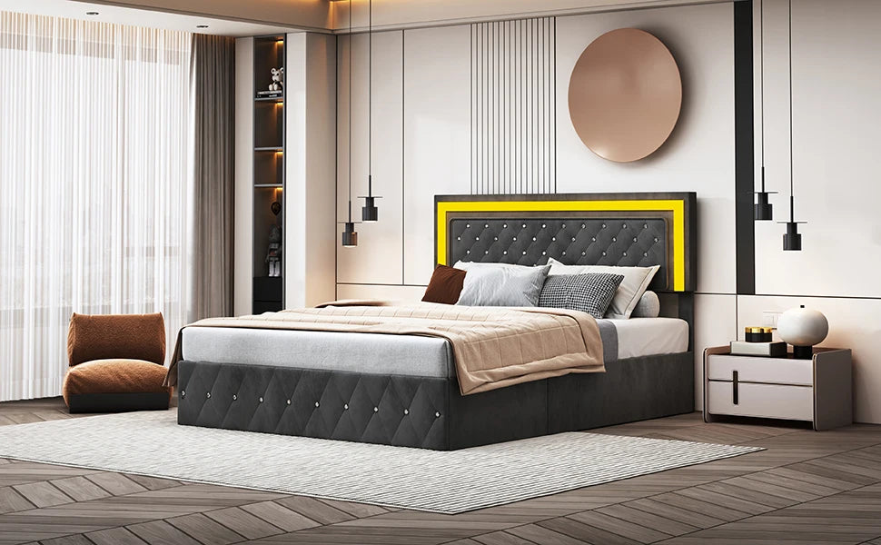 Rosahqnda Doppelbettgestell 140–160–180 x 200 cm, verstellbares LED-Kopfteil, hydraulisches Bett mit Stauraum, gepolstertes Jugendbett, Samt