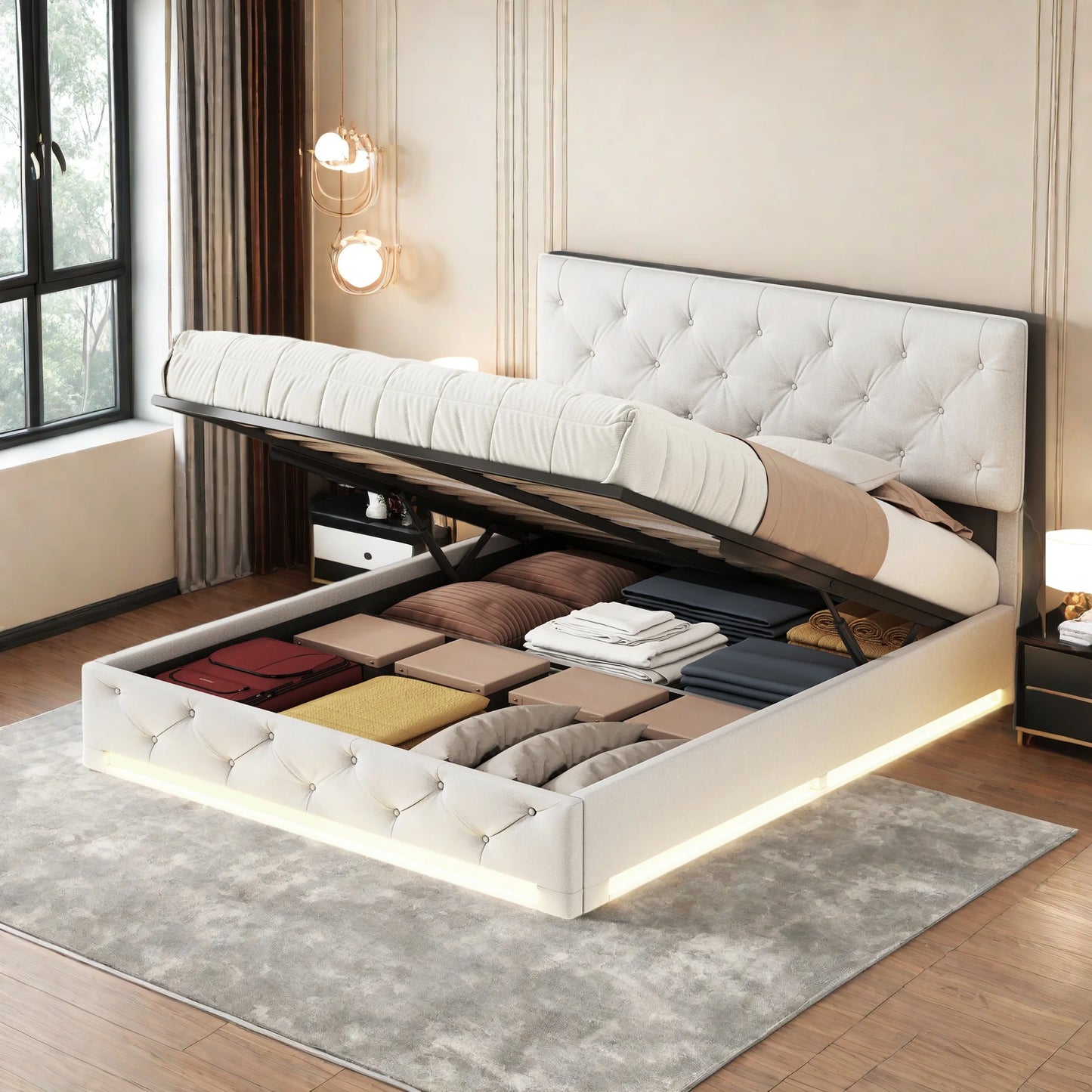 ROSAHQNDA Modernes Polsterbett, LED-Kastenbett mit großem Stauraum, elegantes Doppelbett aus Leinenstoff ohne Matratze