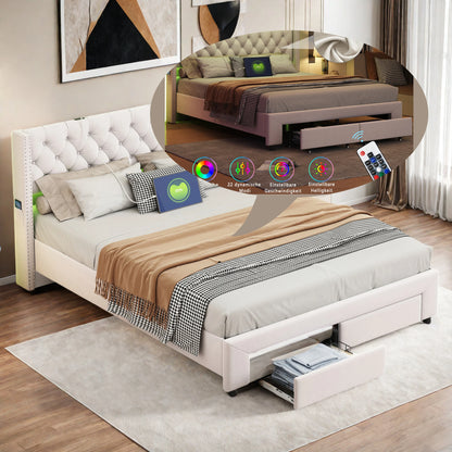 WoodenAura Polsterbett, beiger Samt, Kopfende mit 2 Schubladen, genietetes Kopfteil, Kommode, Stauraumbett mit LED-Beleuchtung