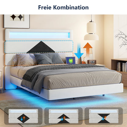 Rosahqnda Double Bed 140x190cm,Upholstered Bed with LED lighting and USB Charging Port,Youth Bed Ajudtable Headboard,WhiteVelvet