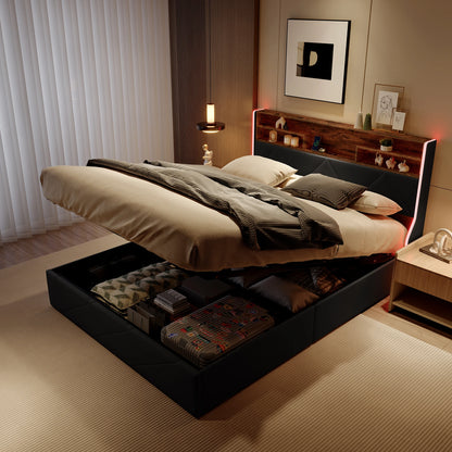 Doppelbett hydraulisches LED-Bett, Kofferraumbett 140/160 x 200cm, Polsterbett Mit Stauraum Polsterbett mit LED und USB, Jugendbett LED-Bettgestell für 2 Personen, Pu-Stoff