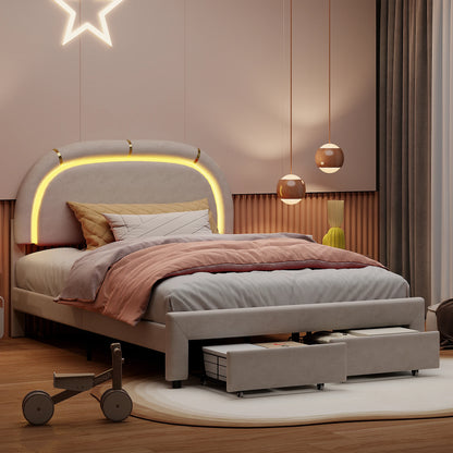 Comanlai 140 x 200 cm Polsterbett, mit Lattenrost aus Holz, mit LED und 2 Schubladen, ohne Matratze, Jugendbett, Samt, Beige