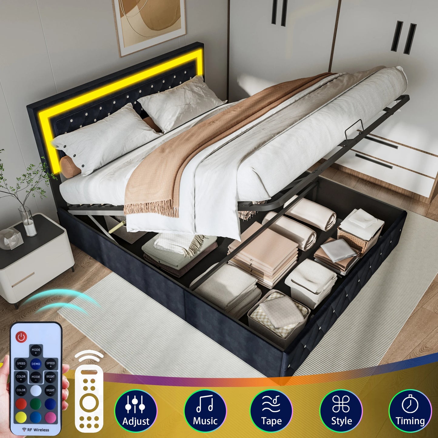 Rosahqnda Modernes Polsterbett, Doppelbett, Bettkasten mit großem Stauraum,stylischer Samt, beige/schwarz, ohne Matratze