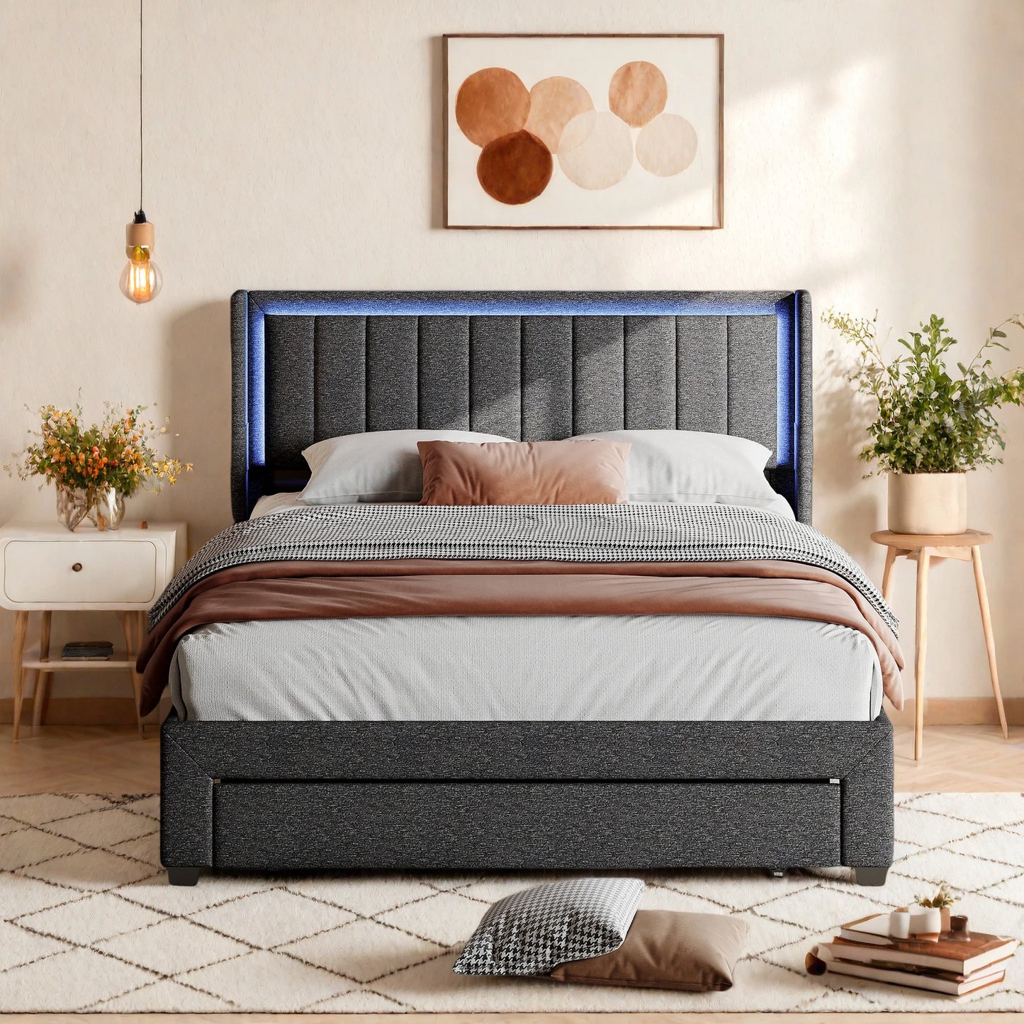 Rosahqnda Gepolsterter Bettrahmen mit LED, USB, Schubladen, Leinen Plattformbett 140-160-180×200cm,Jugendwohnungsbett,Gästebett