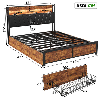 Metall bett rahmen 140/160x200cm Doppelbett mit LED-Licht und 2 Schubladen, mit USB-Ladeans chluss, Vintage braun schwarz