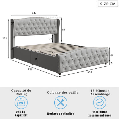 Rosahqnda Gepolstertes Doppelbett 140-160*200cm mit hydraulischem Stauraumbett Gästebett Jugendzimmer Apartmentbett Flanell