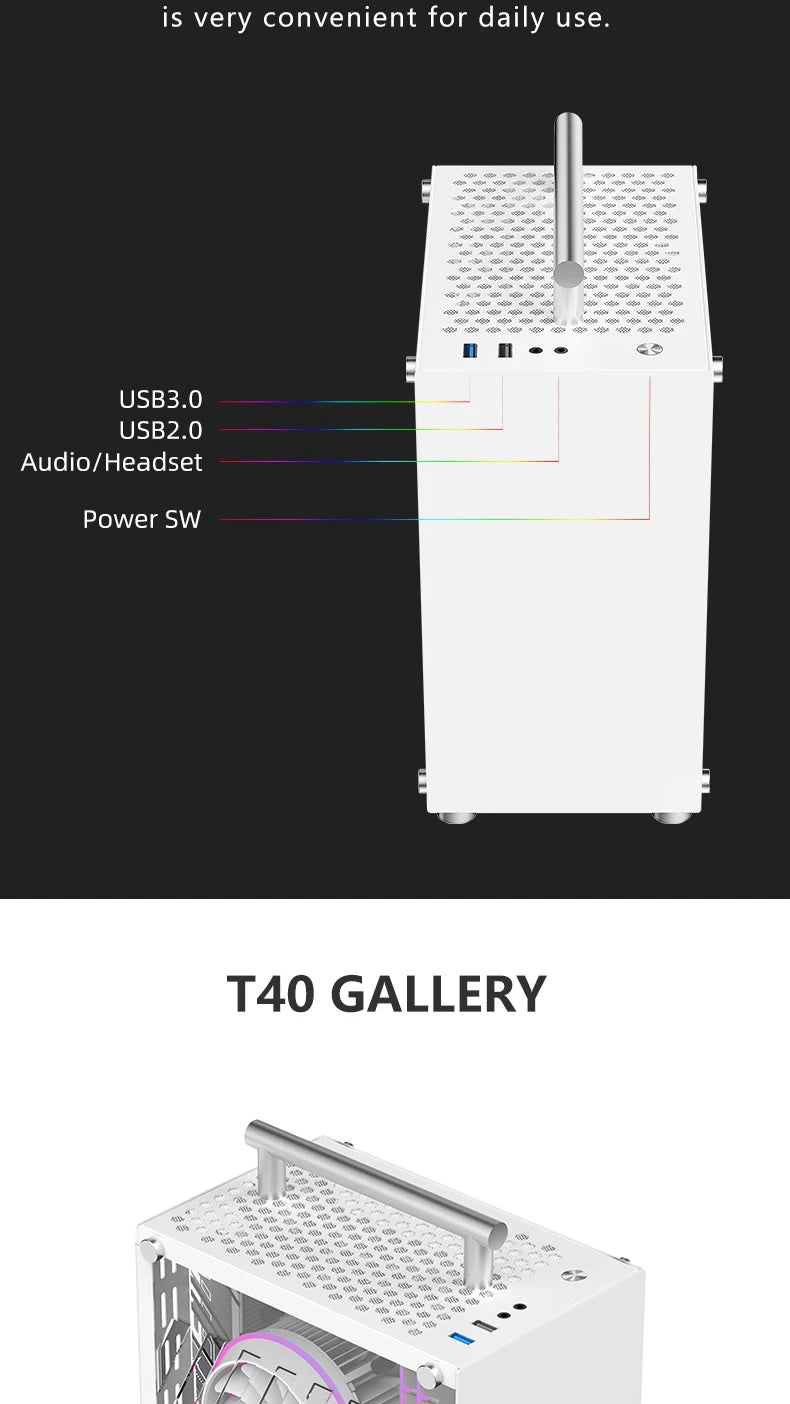 METALFISH T40 Mini ITX Case 7L Gaming Computer White Chassis Compact Transpare PC Support SFX PSU/70mm Cooler With Handle.