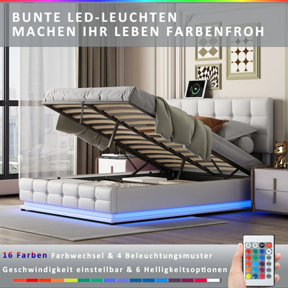 Rosahqnda gepolstertes Doppelbett 140 x 200 cm, LED-Beleuchtung, Doppelbett mit Stauraum, Kinderbett, Jugendbett, weißes PU-Leder