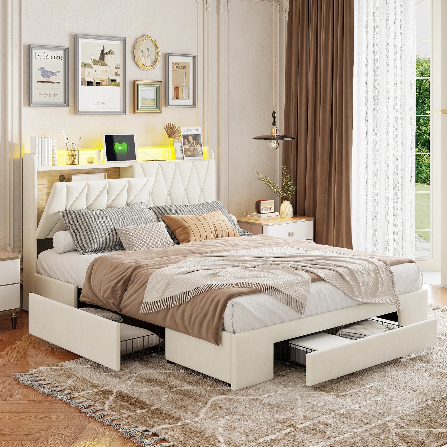 Comanlai 140 x 200 cm Polsterbett, mit 3 Schubladen, USB-Ladefunktion, Doppelbett, ohne Matratze, Samt, Beige