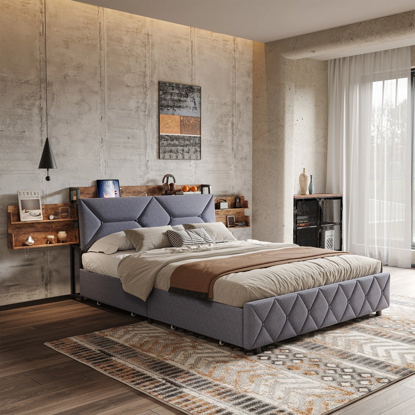 Bett 160 x 200 mit USB, Doppelbett mit 4 Schubladen, Kopfteil mit ausziehbarem Stauraum, Erwachsenenbett mit Lattenrost aus Holz