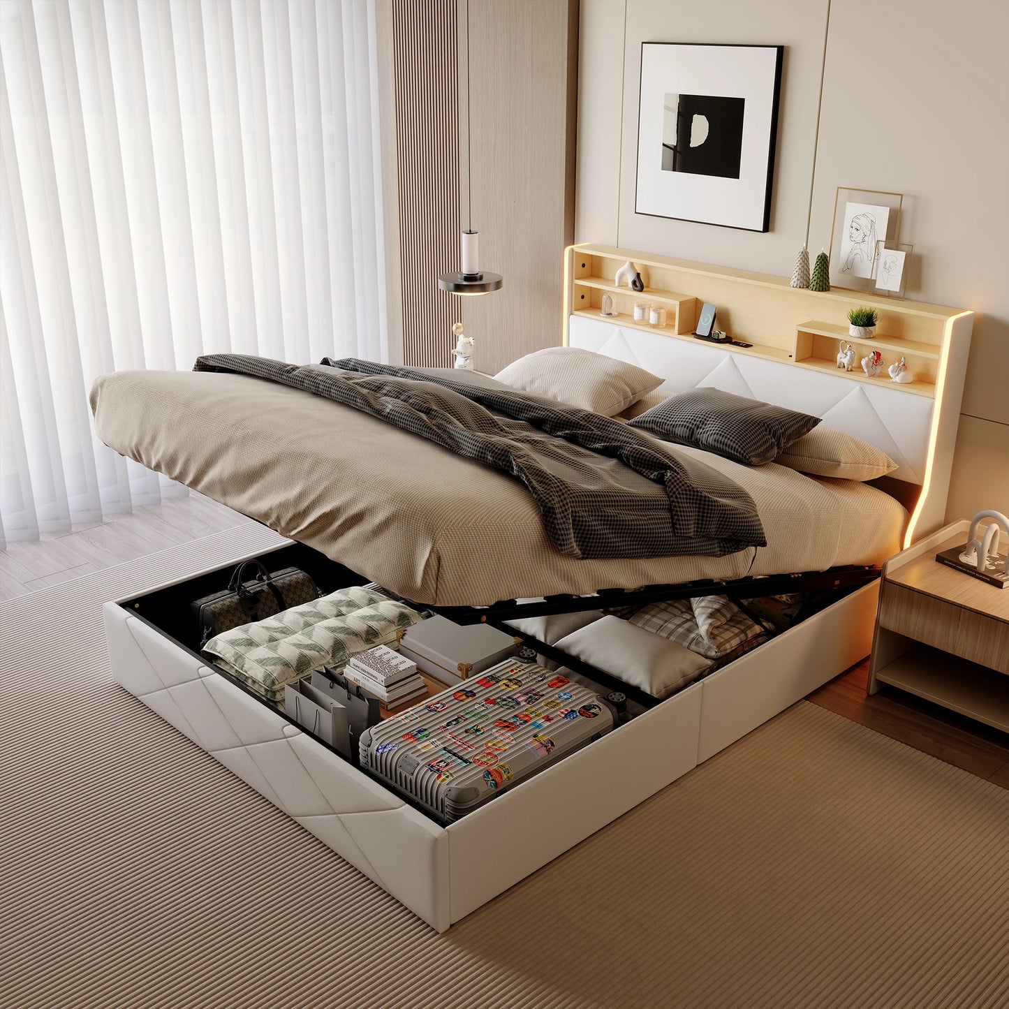 Doppelbett hydraulisches LED-Bett, Kofferraumbett 140/160 x 200cm, Polsterbett Mit Stauraum Polsterbett mit LED und USB, Jugendbett LED-Bettgestell für 2 Personen, Pu-Stoff