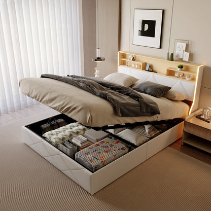 Doppelbett hydraulisches LED-Bett, Kofferraumbett 140/160 x 200cm, Polsterbett Mit Stauraum Polsterbett mit LED und USB, Jugendbett LED-Bettgestell für 2 Personen, Pu-Stoff