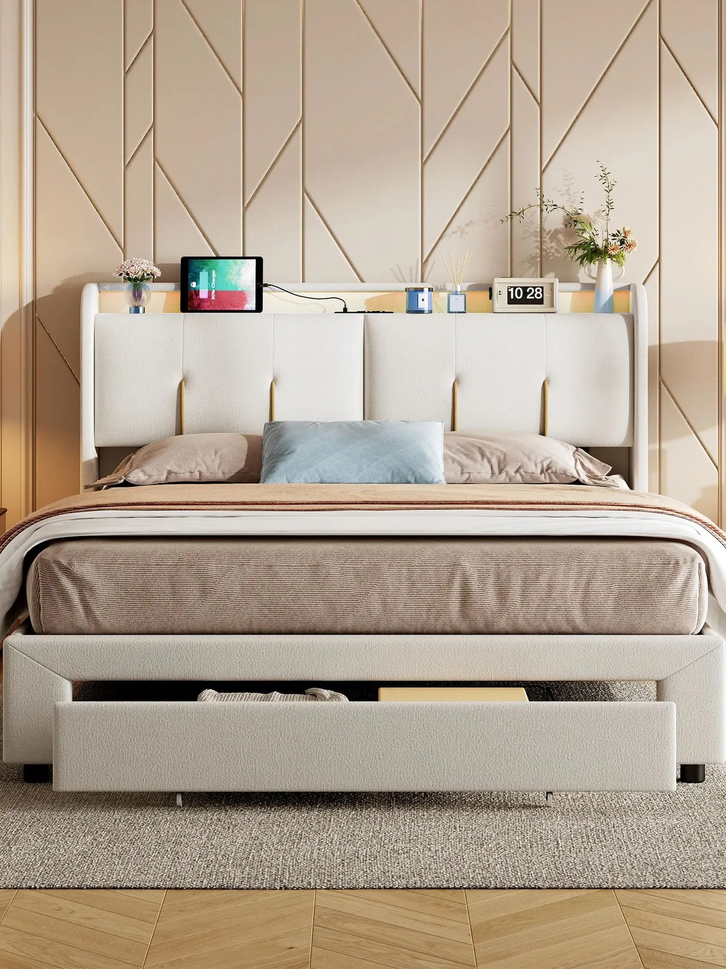 WoodenAura 140x200cm Polsterbett mit USB-C Ladefunktion, Stauraumkopfteil und LED-Beleuchtung und Schubladen, Doppelbett Große