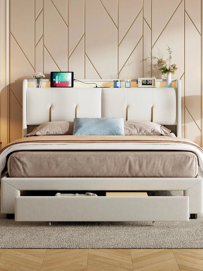 WoodenAura 140x200cm Polsterbett mit USB-C Ladefunktion, Stauraumkopfteil und LED-Beleuchtung und Schubladen, Doppelbett Große