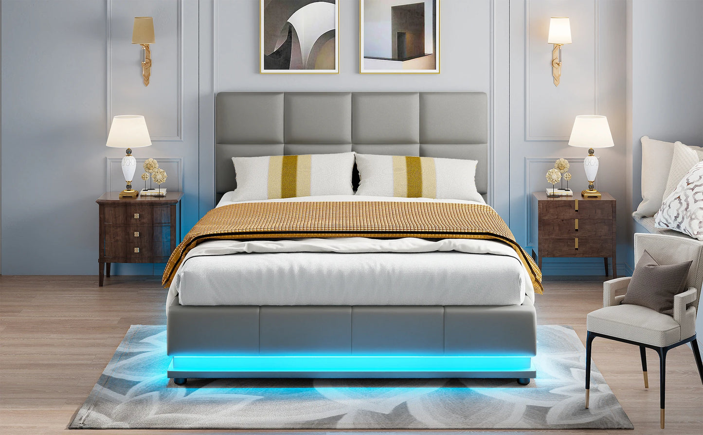 Rosahqnda Hydraulischer Doppelbettrahmen 140*190cm mit LED, Verstellbares Kopfteil, Stauraumbett 140*200cm, Polsterbett, PU