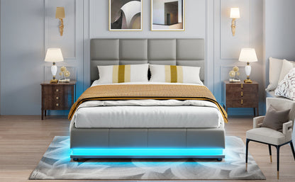 Rosahqnda Hydraulischer Doppelbettrahmen 140*190cm mit LED, Verstellbares Kopfteil, Stauraumbett 140*200cm, Polsterbett, PU