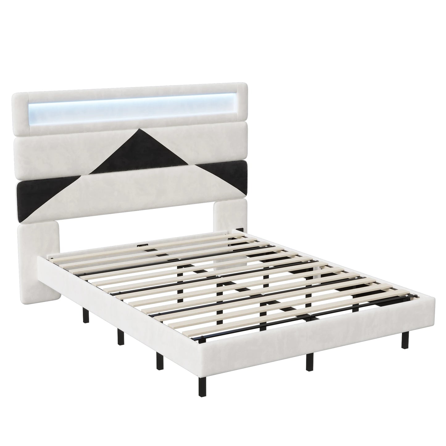 Rosahqnda Double Bed 140x190cm,Upholstered Bed with LED lighting and USB Charging Port,Youth Bed Ajudtable Headboard,WhiteVelvet