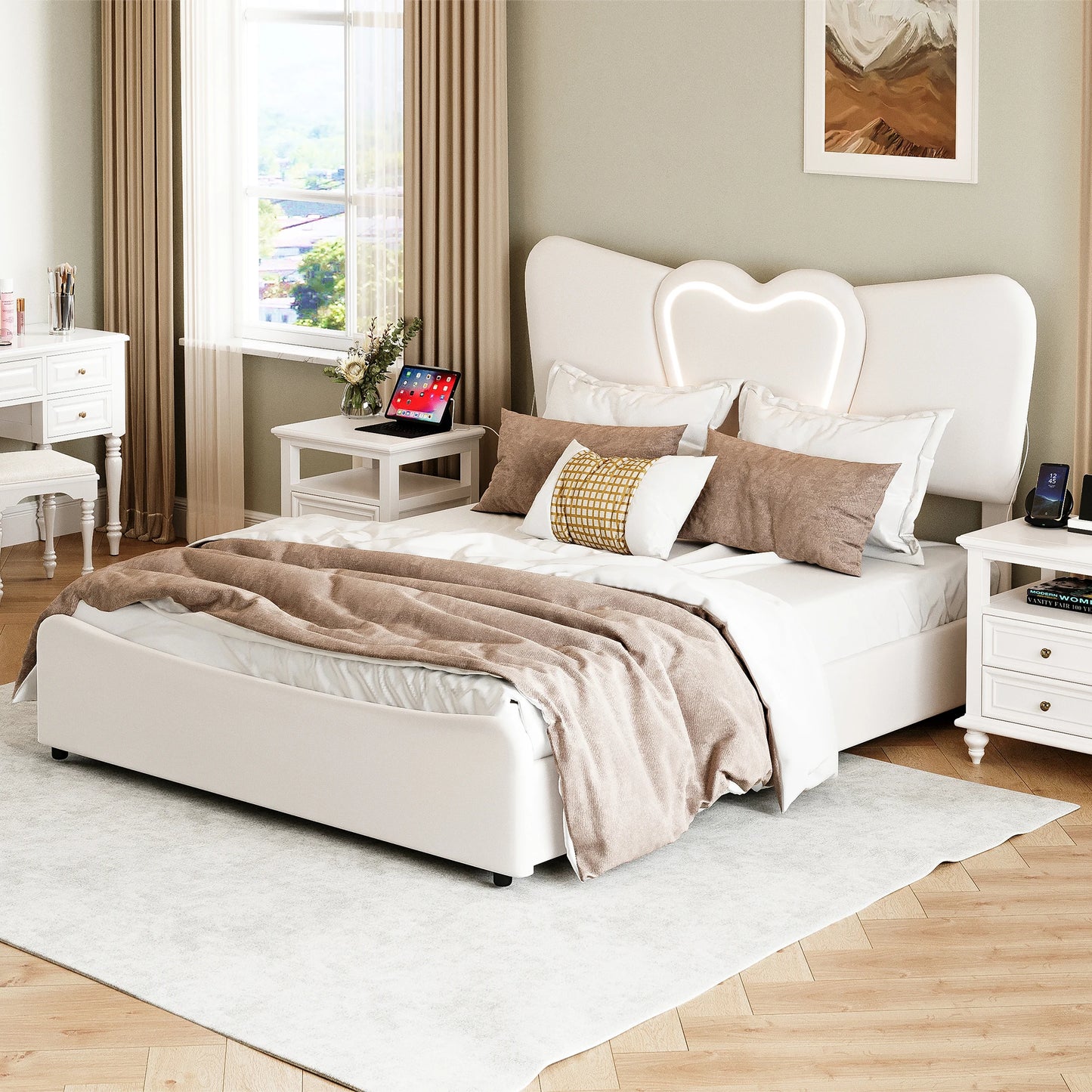 Doppelbett 140x200, LED Stauraumbett mit Lattenrost, Hydraulisch Polsterbett aus Kopfteil Höhenverstellbar, Herzform Kopfteil