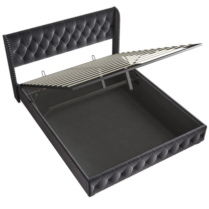 Rosahqnda gepolstertes Doppelbett, 140–160–180 x 200 cm, Stauraumbett, hydraulisches Bett, Erwachsenenbett, Samt, Dunkelgrau