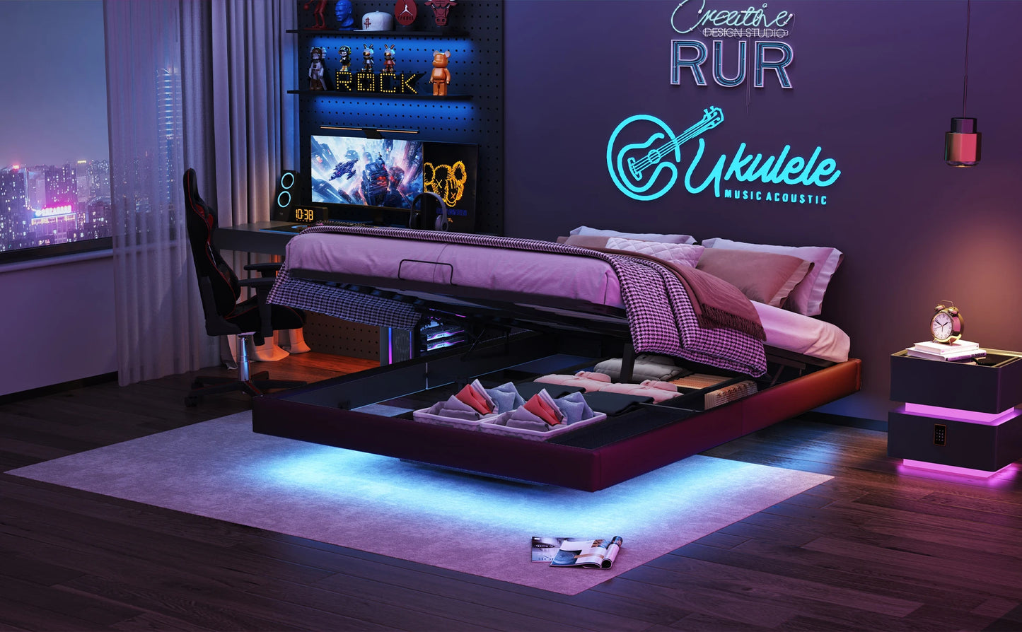 Polsterbett, 140 x 200 cm, mit Stauraum und Lattenrost, schwimmender Bettrahmen mit LED-Licht, Doppelbetten, hydraulische, PU