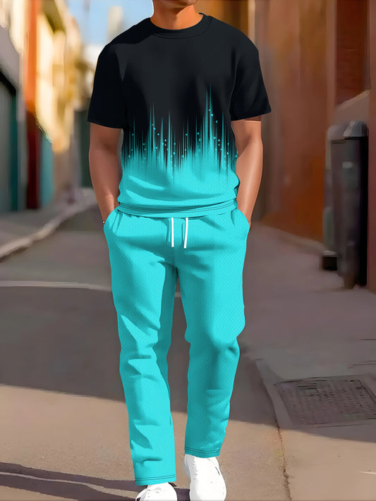 2025 Simple Men's Summer Gradient Printed Comfortable and Breathable Round Neck T-shirt Pants Set Outdoor Casual Two Piece Set.