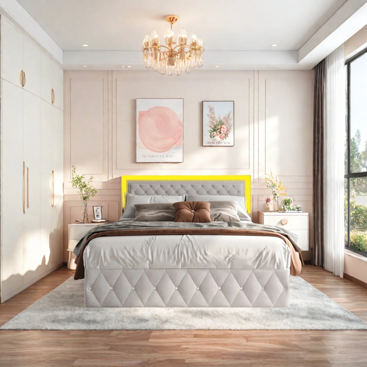 Rosahqnda Doppelbettgestell 140–160–180 x 200 cm, verstellbares LED-Kopfteil, hydraulisches Bett mit Stauraum, gepolstertes Jugendbett, Samt