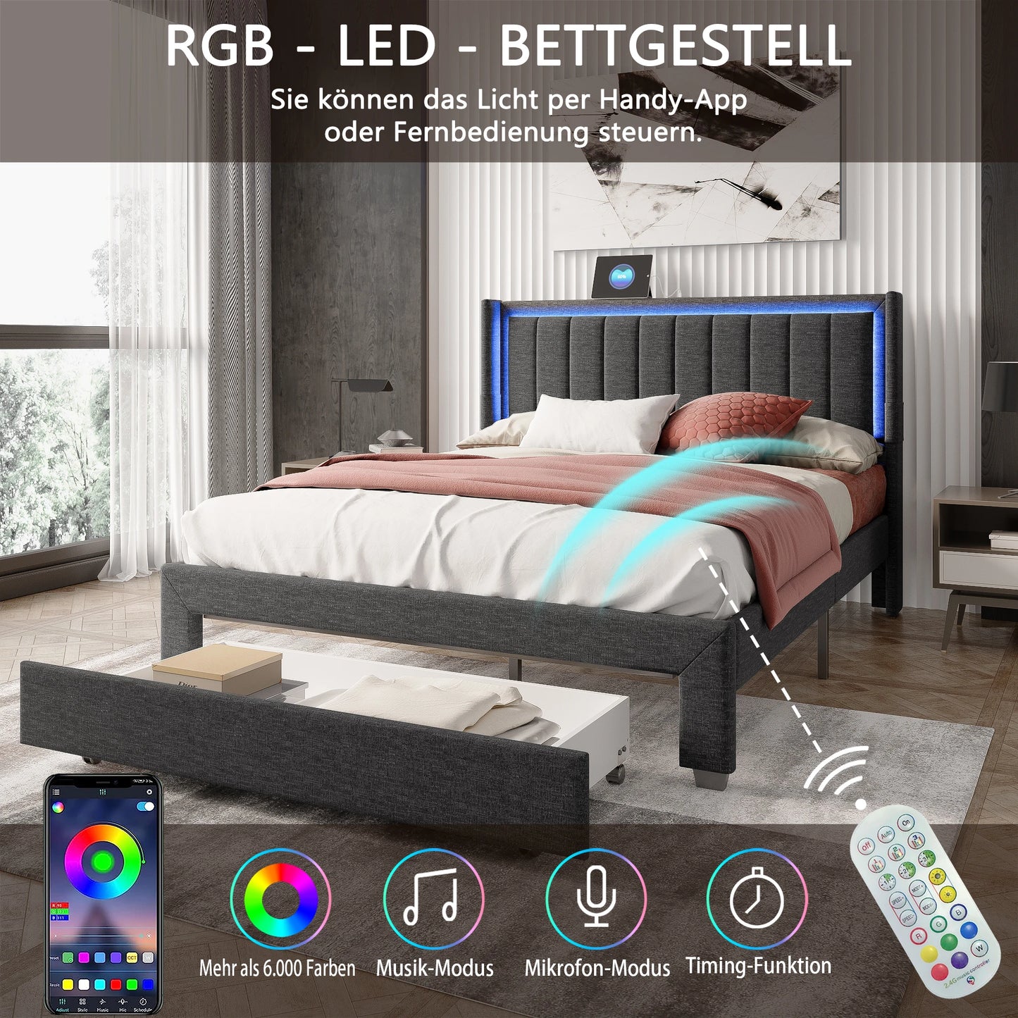 Rosahqnda Gepolsterter Bettrahmen mit LED, USB, Schubladen, Leinen Plattformbett 140-160-180×200cm,Jugendwohnungsbett,Gästebett